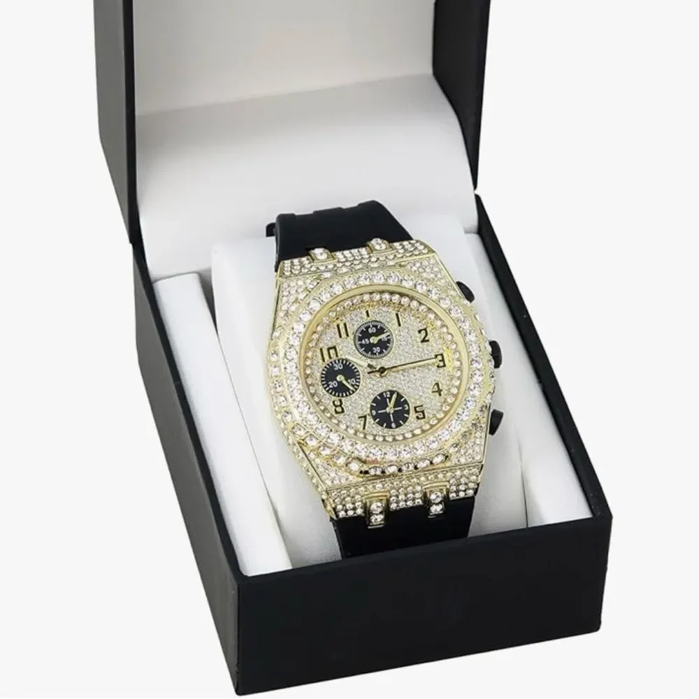 Gold Bust Down Iced Out Hip Hop Watch Black Silicone Strap VVS Diamond Bling